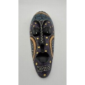 Vintage Multi-Color Handcrafted Jamaican Art Hand painted Wall Mask 12 1/2" Long